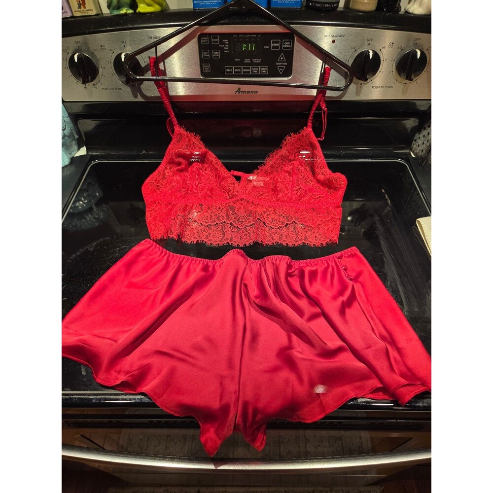 Red Lace Bralette and Satin Shorts Lingerie Set